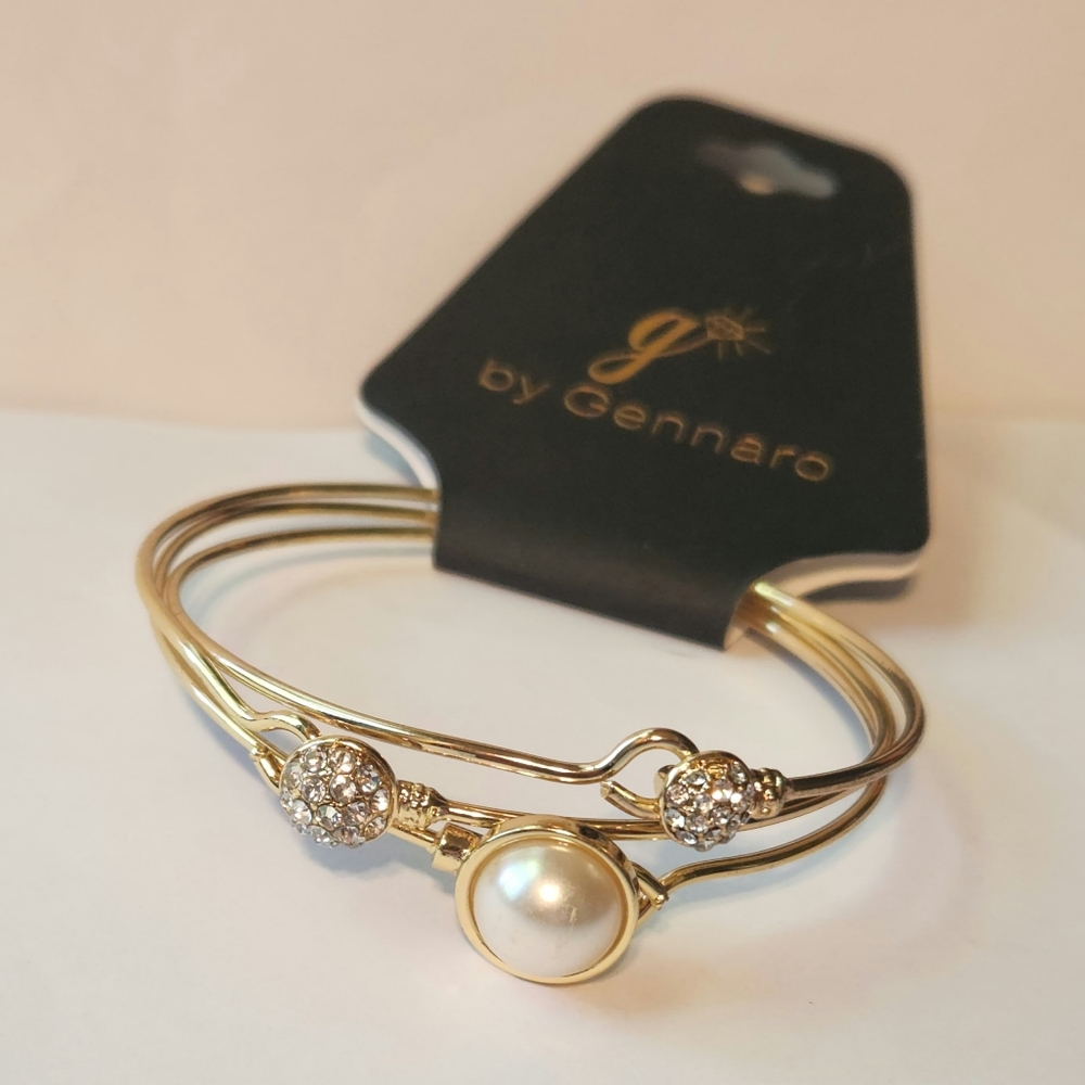 Gold Tone Bangle Bracelets With Faux Diamonds and Faux Pearl by Gennaro